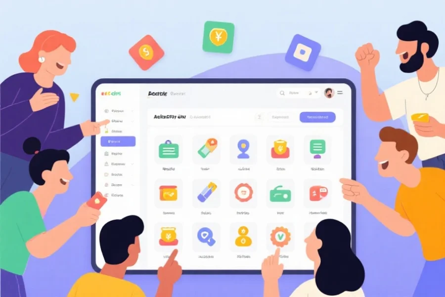 一组用户正在参与线上活动，界面上显示各种任务与奖励图标，氛围轻松愉快
